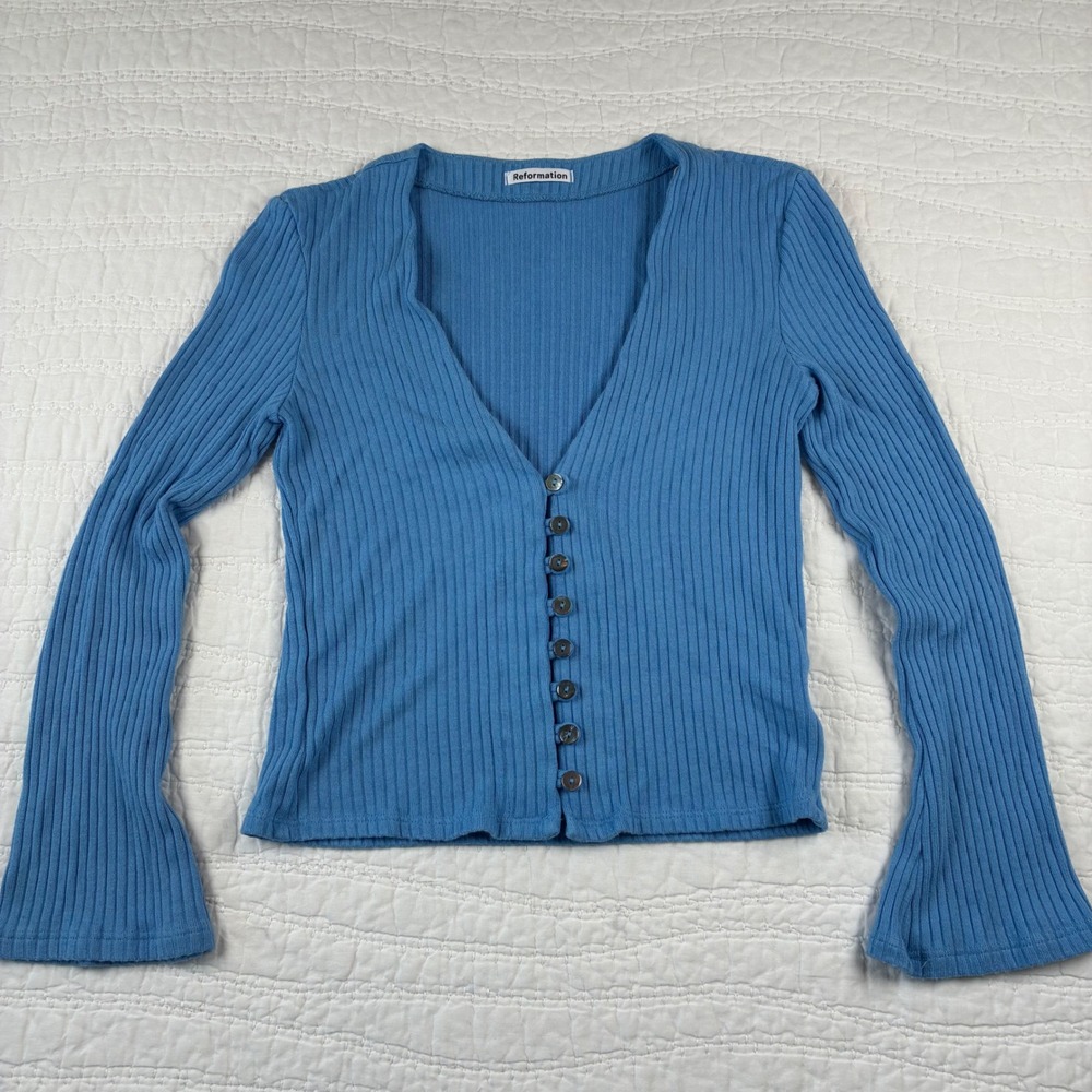 Reformation Gellar Knit Top Blue Ribbed V-Neck Button Cardigan Flare Sleeve Med